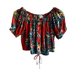 XIX Palms Red Floral Off-Shoulder Crop Top Size 1 Tie Waist Printed Button Front